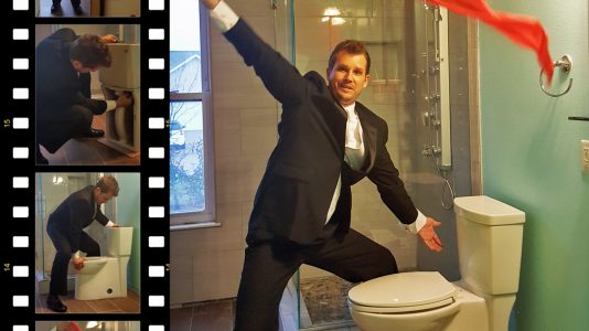 Photo of Tracey Miller, Realtor installing toilet in tuxedo