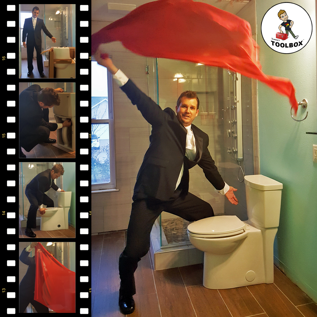 Photo of Tracey Miller, Realtor installing toilet in tuxedo