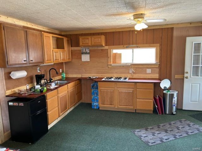 Kitchen featuring wood walls, gas stovetop, a sink, fridge, and ceiling fan