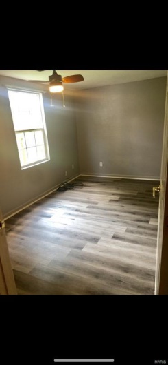 Unfurnished room with ceiling fan and wood-type flooring