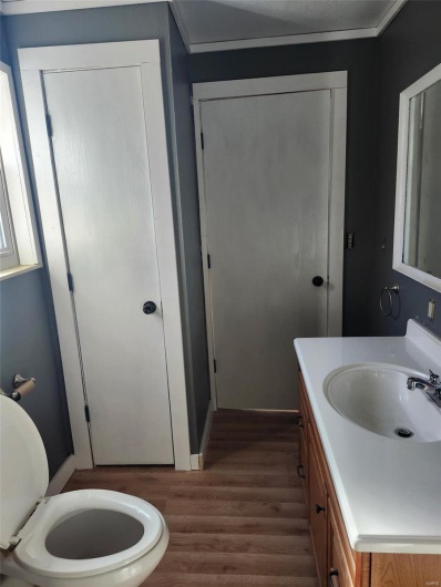 Bathroom with toilet, wood finished floors, and vanity