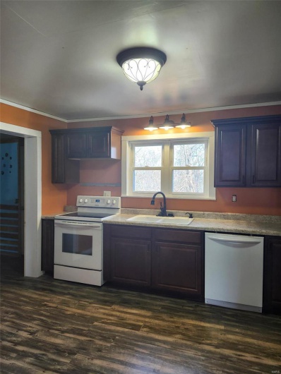 Kitchen featuring white electric stove, dark wood-style flooring, a sink, dishwasher, and crown molding