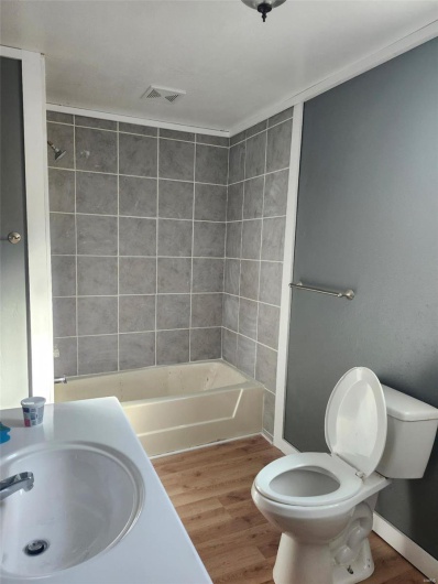 Bathroom with visible vents, a sink, wood finished floors, and toilet