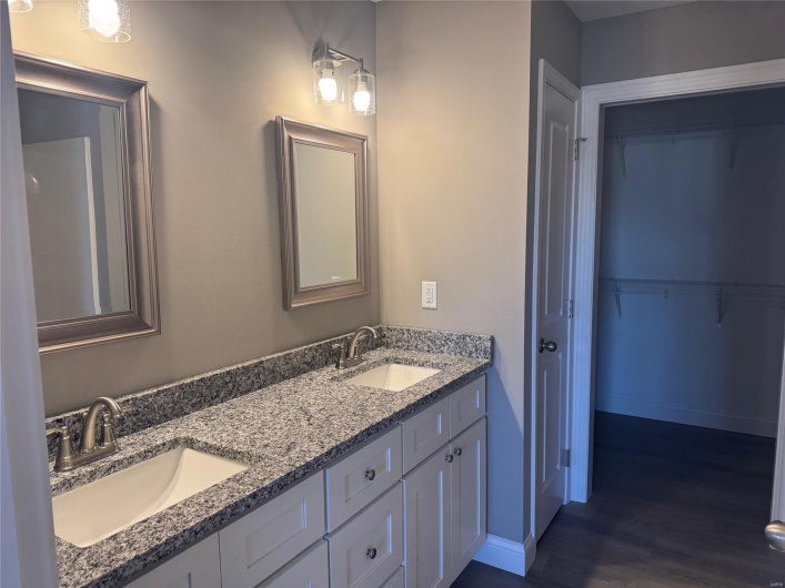 Bathroom with hardwood / wood-style flooring and vanity