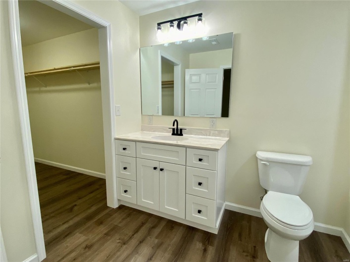 Bathroom with vanity, toilet, and hardwood / wood-style flooring