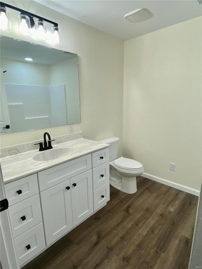 Bathroom featuring vanity, hardwood / wood-style floors, and toilet