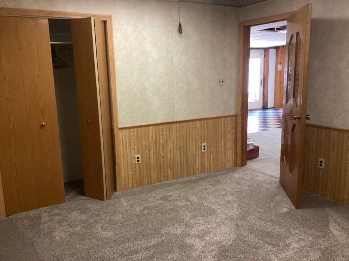Spare room with wooden walls and light carpet