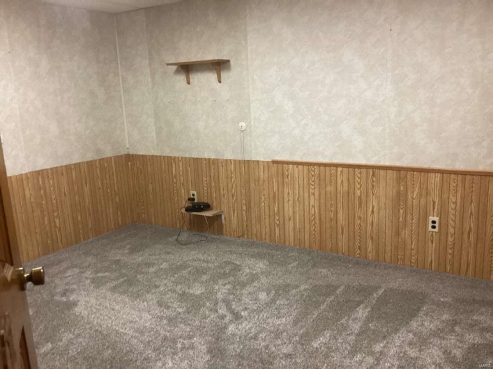 Empty room featuring carpet and wood walls