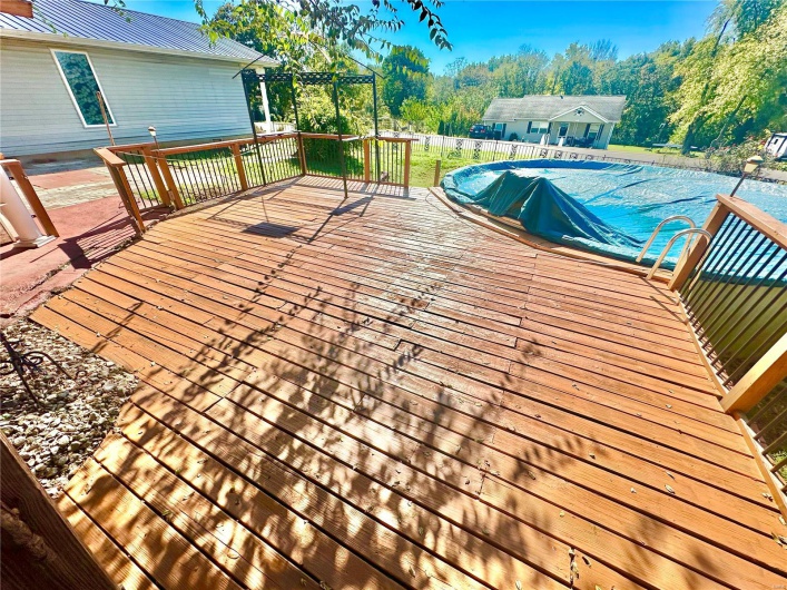 Wooden terrace featuring a covered pool
