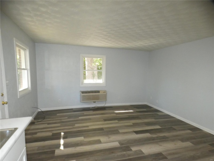 Spare room with a wall unit AC, sink, and dark hardwood / wood-style floors