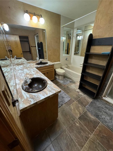 Full bathroom featuring vanity, toilet, and separate shower and tub