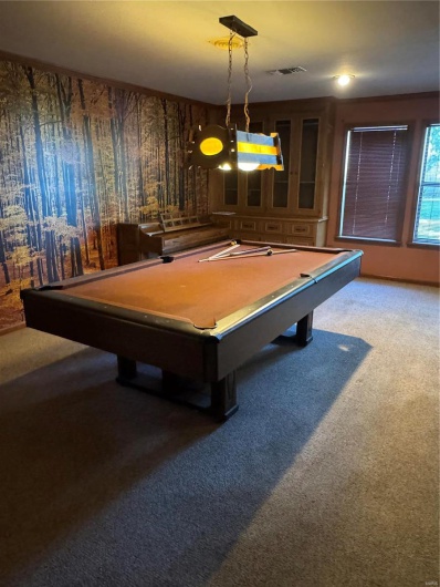 Game room featuring carpet floors and pool table