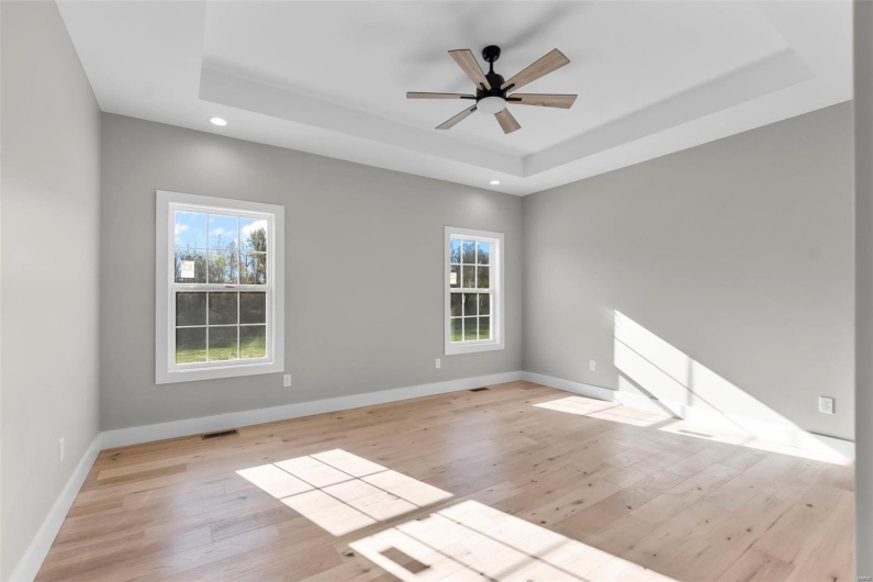 Unfurnished room with light hardwood / wood-style floors, a wealth of natural light, and a tray ceiling