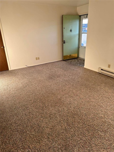 Empty room featuring carpet flooring and a baseboard radiator