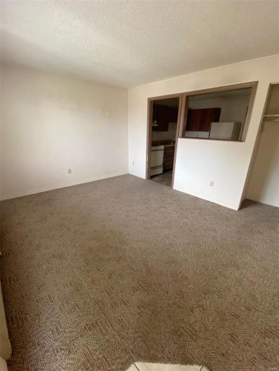 Spare room featuring a textured ceiling and dark carpet