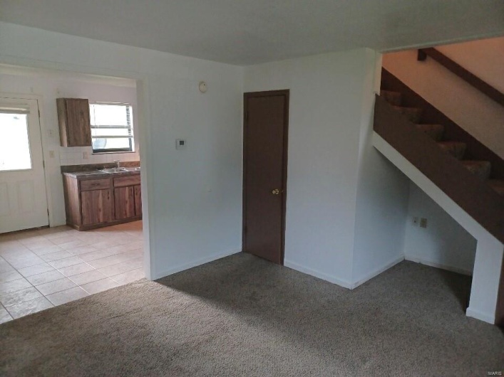 Unfurnished living room featuring light colored carpet and sink