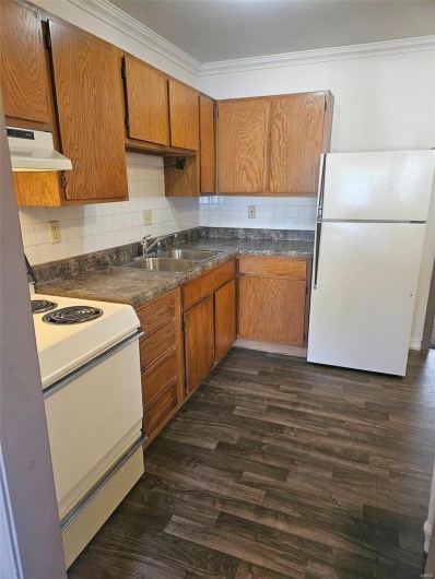 Kitchen with sink, dark wood-type flooring, extractor fan, white appliances, and ornamental molding