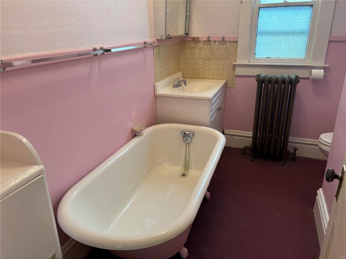 Bathroom featuring toilet, radiator heating unit, vanity, and a washtub