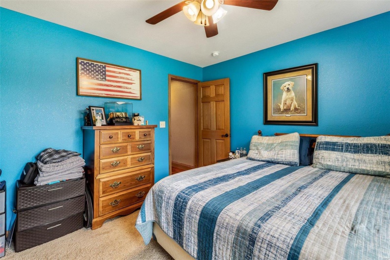 Carpeted bedroom featuring ceiling fan