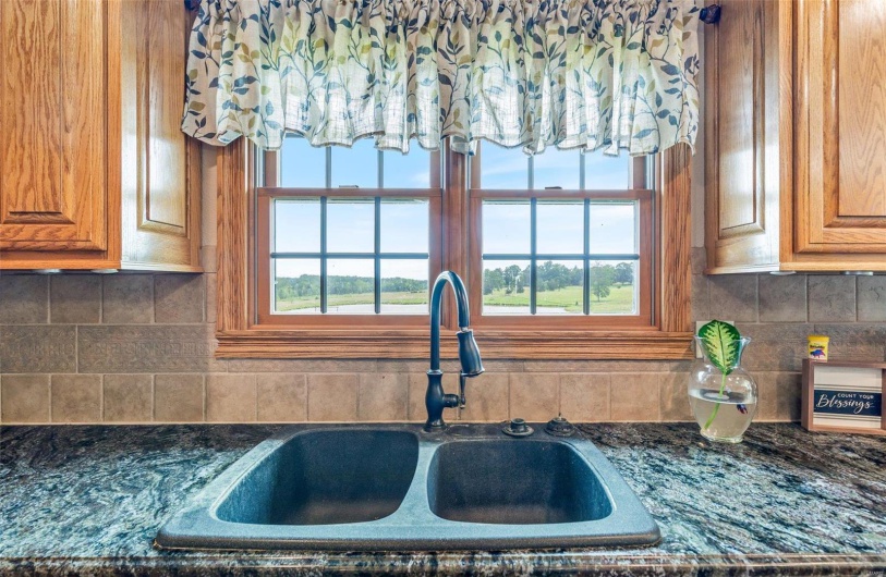 Room details with dark stone countertops, sink, and tasteful backsplash
