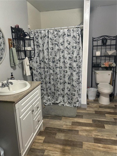 Bathroom with hardwood / wood-style floors, vanity, and toilet