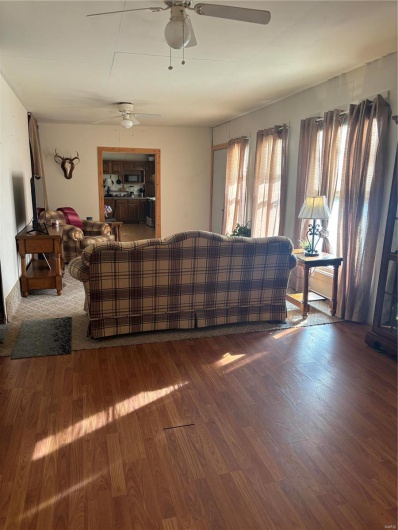 Living room featuring ceiling fan and wood-type flooring