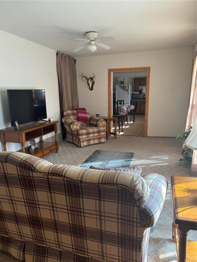 Carpeted living room with ceiling fan