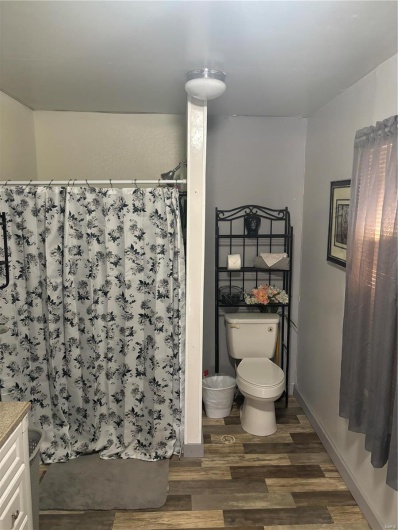 Bathroom with walk in shower, hardwood / wood-style floors, vanity, and toilet