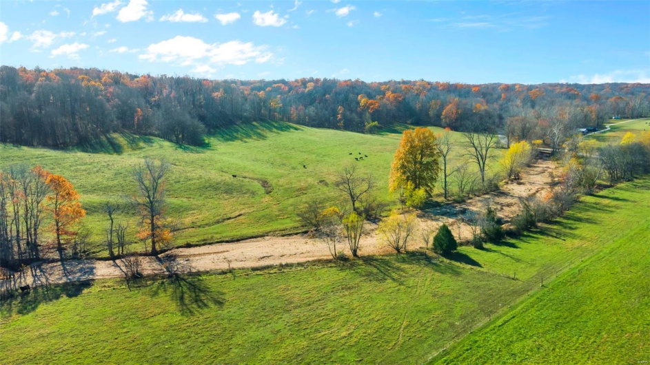 Birds eye view of property with a rural view