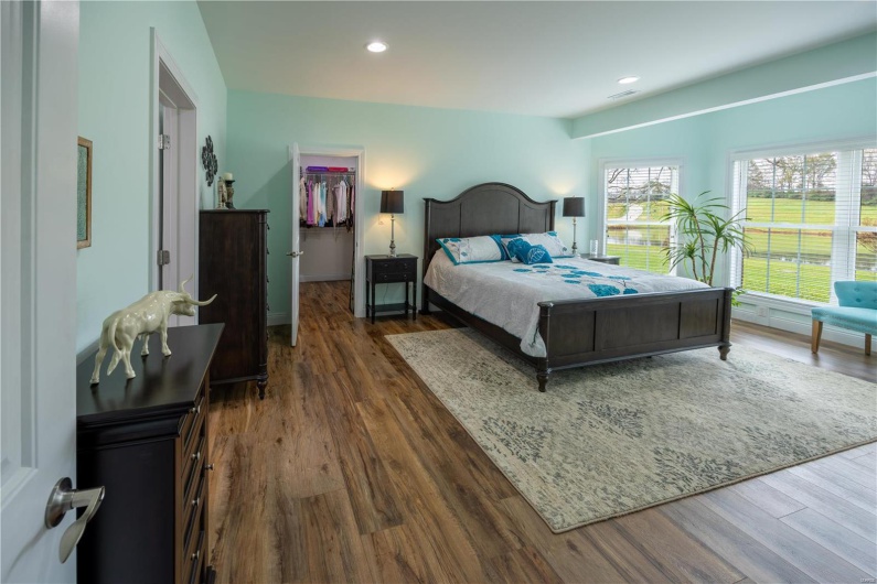 Bedroom in lower level featuring a walk-in closet, LVP flooring, and view of lake in backyard.
