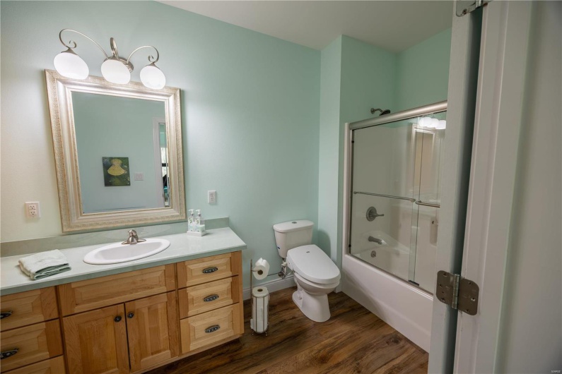 Full bathroom with LVP flooring, vanity, enclosed tub/shower combo, and toilet.