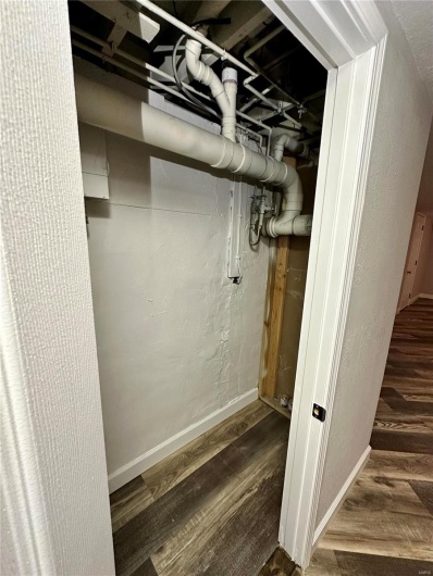 Basement featuring dark hardwood / wood-style flooring