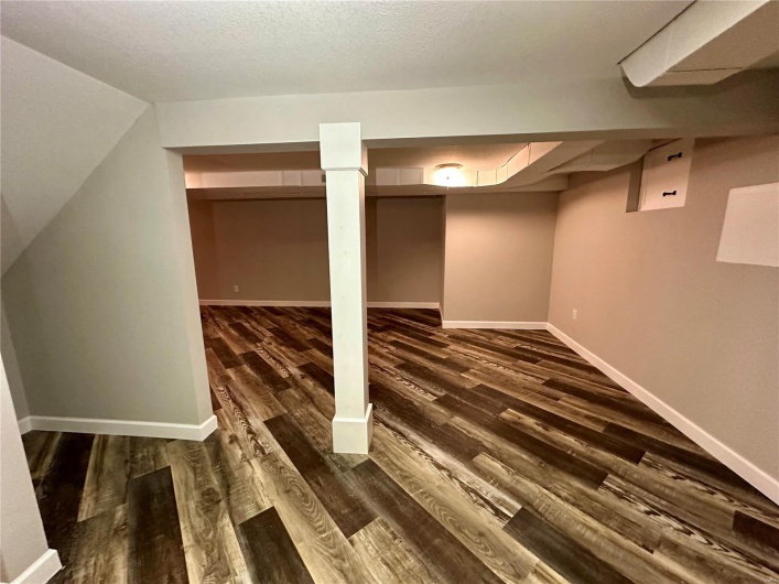 Basement featuring dark wood-type flooring