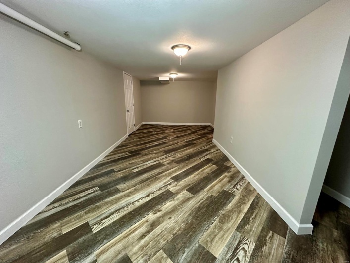 Basement with dark hardwood / wood-style flooring