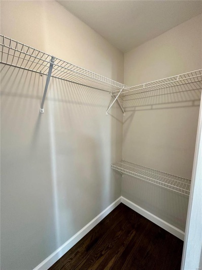 Walk in closet with hardwood / wood-style flooring