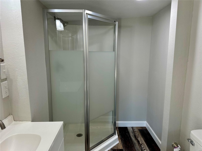 Bathroom with vanity, wood-type flooring, an enclosed shower, and toilet