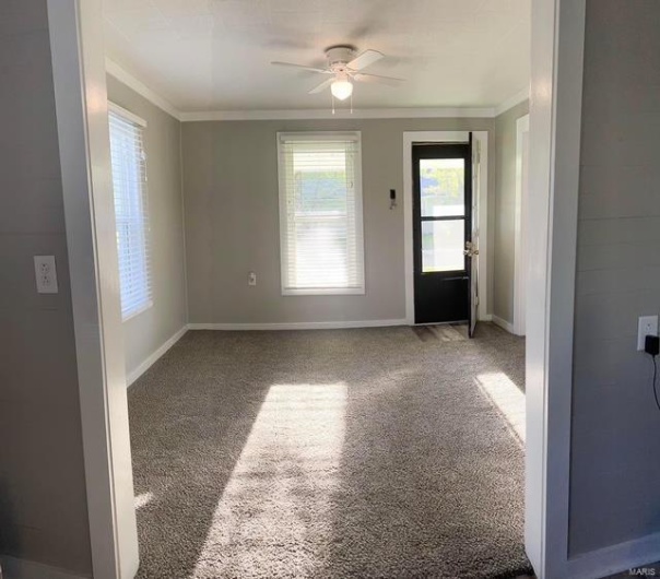 Empty room with carpet, ceiling fan, and crown molding