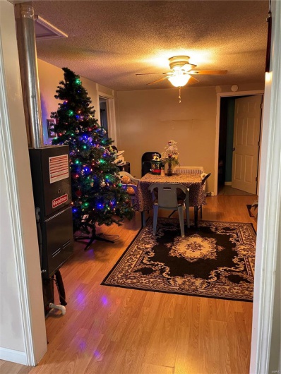 Dining area with hardwood / wood-style floors and a textured ceiling