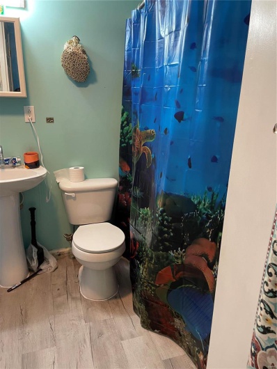 Bathroom with a shower with shower curtain, wood-type flooring, toilet, and sink