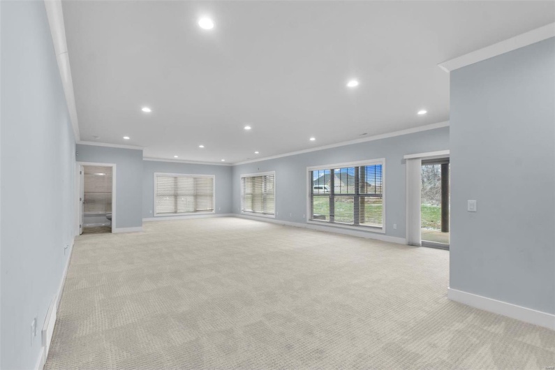 Unfurnished living room featuring light colored carpet and ornamental molding