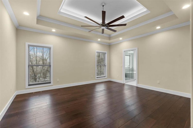 Unfurnished room with ceiling fan, a raised ceiling, crown molding, and dark wood-type flooring