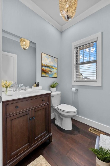 Bathroom with wood-type flooring, vanity, toilet, and ornamental molding