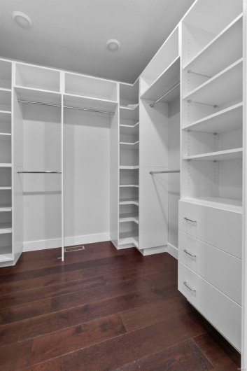 Spacious closet featuring dark hardwood / wood-style floors