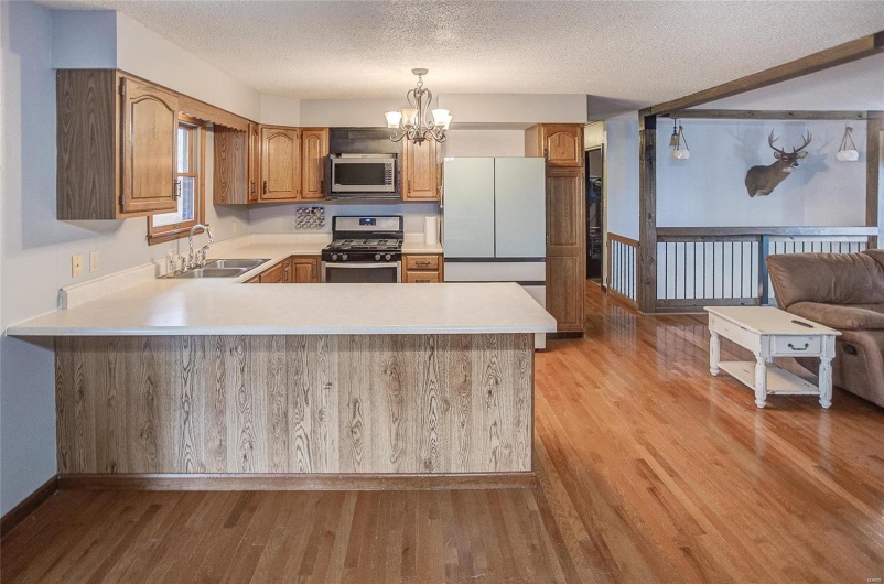 Kitchen with sink, decorative light fixtures, light hardwood / wood-style floors, and appliances with stainless steel finishes