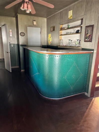 Bar featuring ceiling fan and built in features