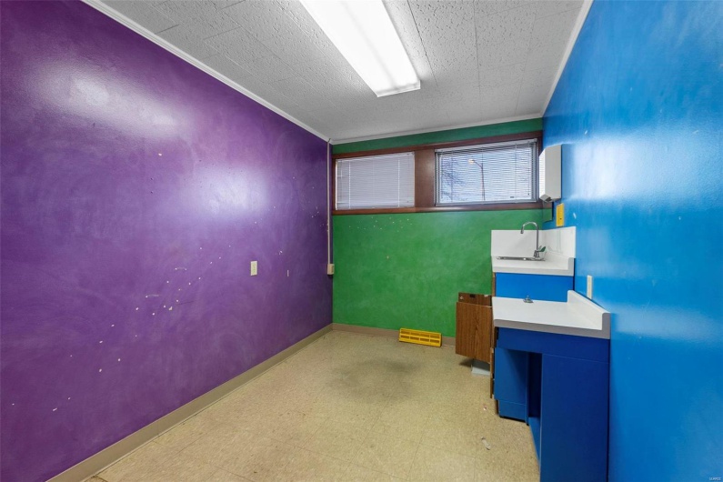 Basement with ornamental molding and sink