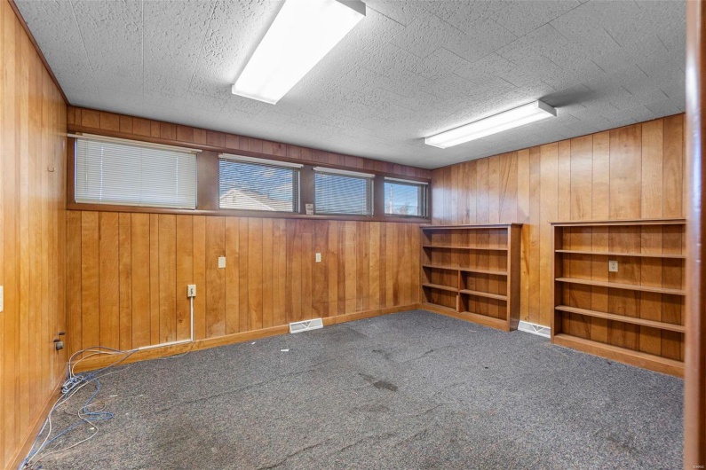 Carpeted spare room featuring wooden walls