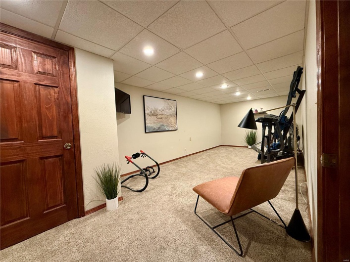 Sitting room with baseboards, a drop ceiling, and carpet floors