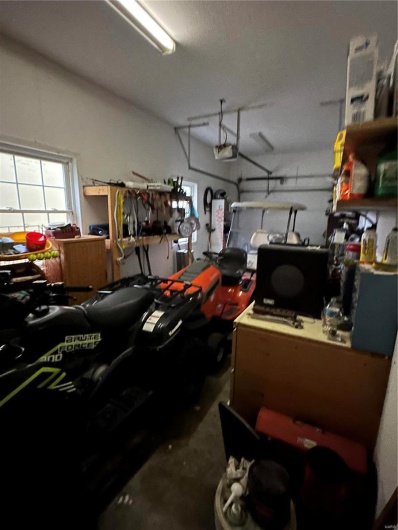 Garage with a garage door opener and a workshop area