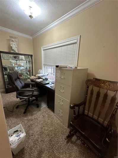 Carpeted home office featuring ornamental molding and a textured ceiling